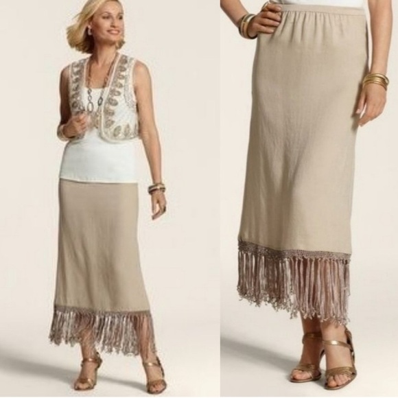 New! Chicos Linen Francesca Fringe Boho Maxi Skirt - Picture 1 of 10